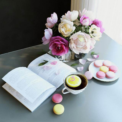 书 马卡龙 茶和花瓶里的花束组合3D模型（OBJ,FBX,MAX）