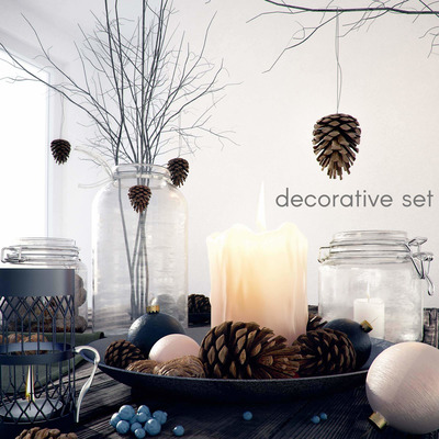 秋冬季松果和蜡烛等圣诞节装饰组合3D模型（FBX,MAX）