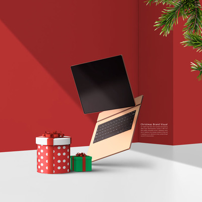 圣诞礼品笔记本电脑品牌推广海报设计模板 (psd)