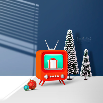 老电视装饰元素圣诞海报设计模板 (psd)