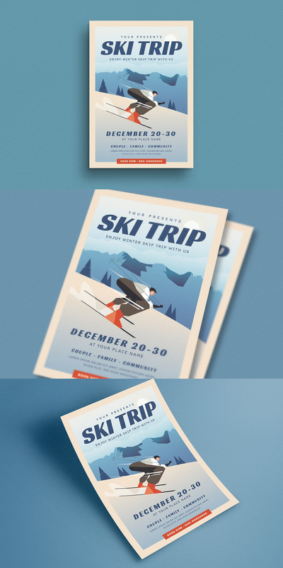 清新时尚高端简约滑雪海报设计模板-AI,PSD