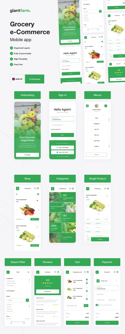Giantfarm-食品和杂货配送移动APP UI KIT（XD）
