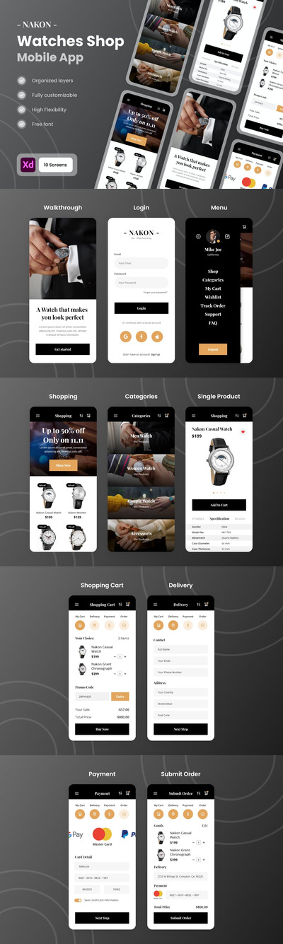 Nakon–珠宝和手表商店移动APP UI KIT（XD）