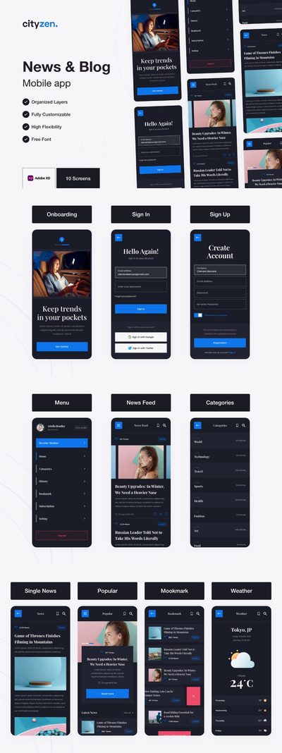 Cityzen-新闻和博客移动APP UI KIT（XD）