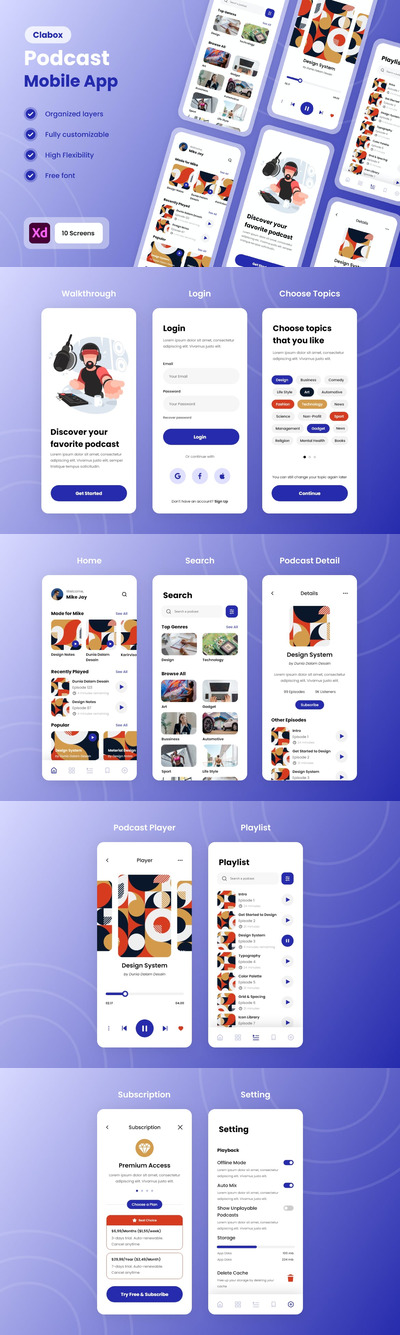 Clabox-电台和播客移动APP UI KIT（XD）