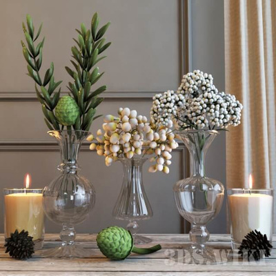 烛台和玻璃花瓶中的树枝等装饰组合3D模型（MAX）