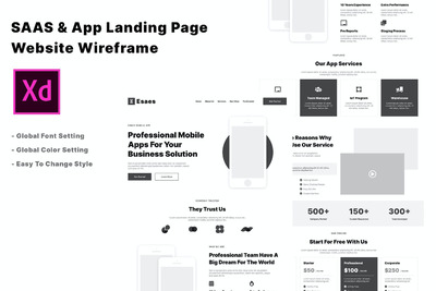 SAAS和应用程序登录页网站线框Adobe Xd（Xd、JPG、PNG）