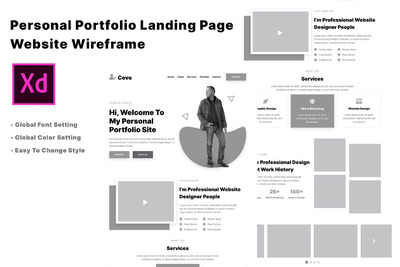 个人投资组合和简历网站线框Adobe Xd（Xd、JPG、PNG）