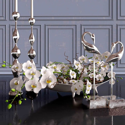 工艺品烛台和白色兰花花束等装饰组合3D模型（OBJ,FBX,MAX）