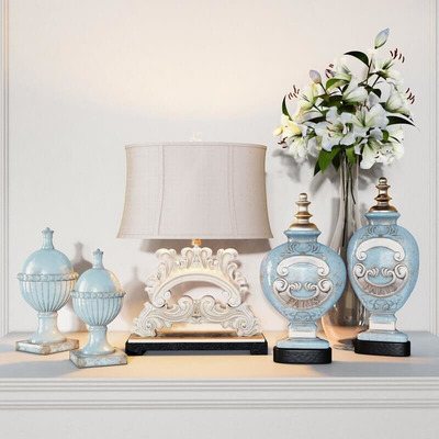 装饰罐子台灯和玻璃花瓶中的百合花束等装饰组合3D模型（OBJ,FBX,MAX）