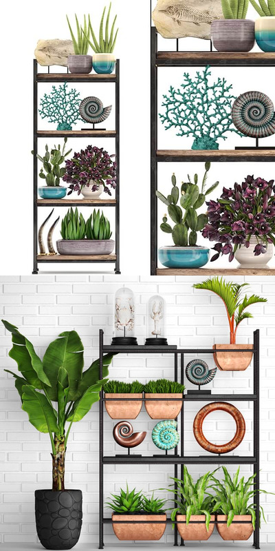 室内棕榈绿植盆景和工艺品装饰组合3D模型（OBJ,FBX,MAX）