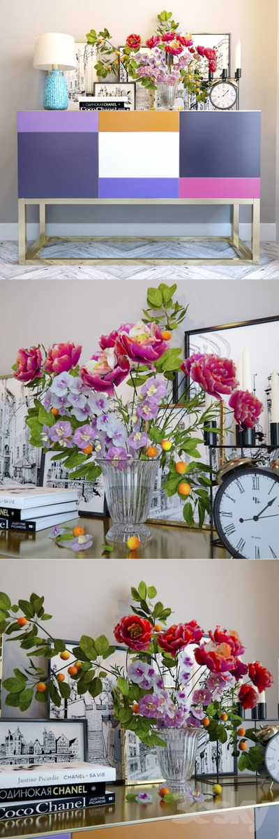 储物柜上的台灯装饰画花束等装饰组合3D模型（MAX）