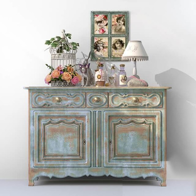 储物柜上的花束台灯工艺品等普罗旺斯风格装饰组合3D模型（OBJ,FBX,MAX）