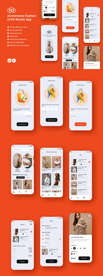 时尚高端专业的高品质电子商务APP UI KITS-SKETCH, FIG