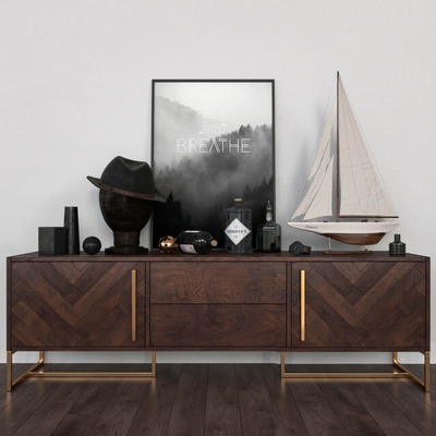 深棕色抽屉柜和大帆船工艺品及抽象画等装饰组合3D模型（OBJ,FBX,MAX）