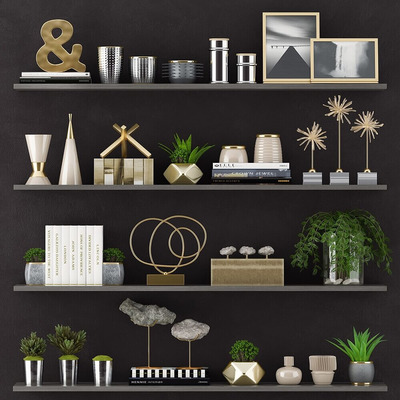 书架上的绿植盆景和工艺品等装饰组合3D模型（OBJ,FBX,MAX）