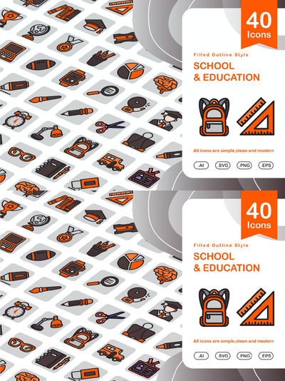 学校和教育填充轮廓图标集 (AI,EPS,PNG,SVG)