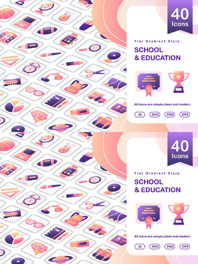 一套教育和学校图标平面渐变风格 (AI,EPS,PNG,SVG)