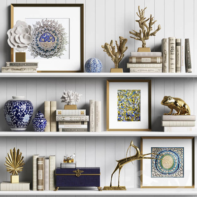 书架上的书籍和工艺品等装饰组合3D模型（OBJ,FBX,MAX）