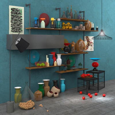 壁挂置物架上的物品和花瓶台灯等装饰组合3D模型（OBJ,MAX）