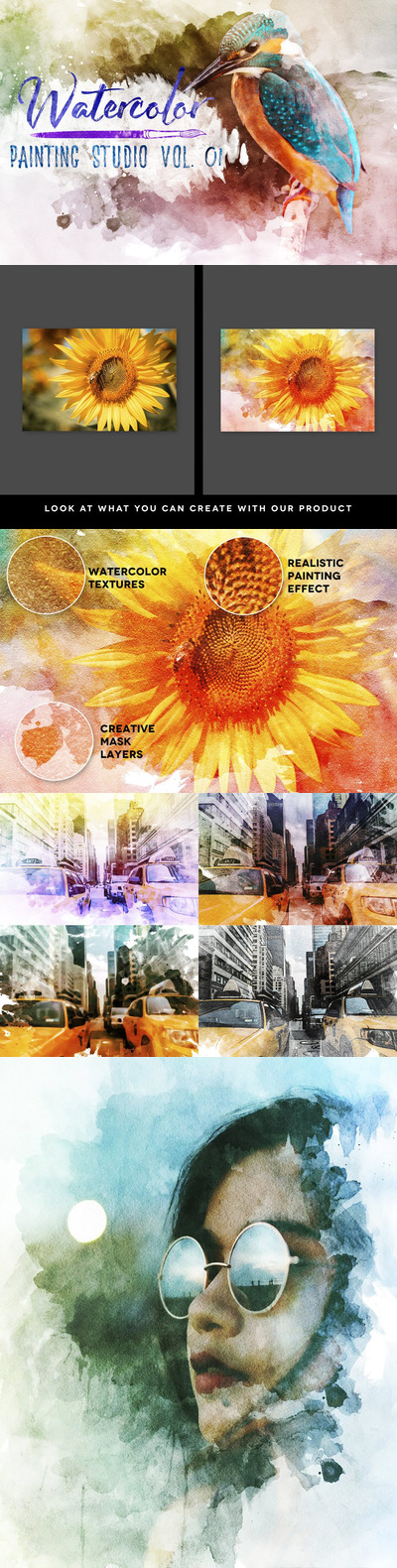 时尚高端逼真质感的手绘水彩水墨photoshop动作预设