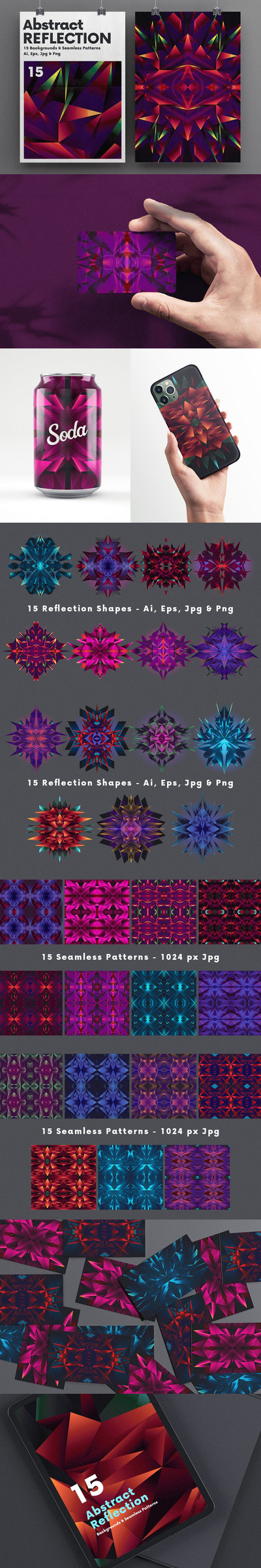 高品质的时尚高端抽象集合反射万花筒矢量背景底纹纹理集合-AI, EPS, JPG, PNG