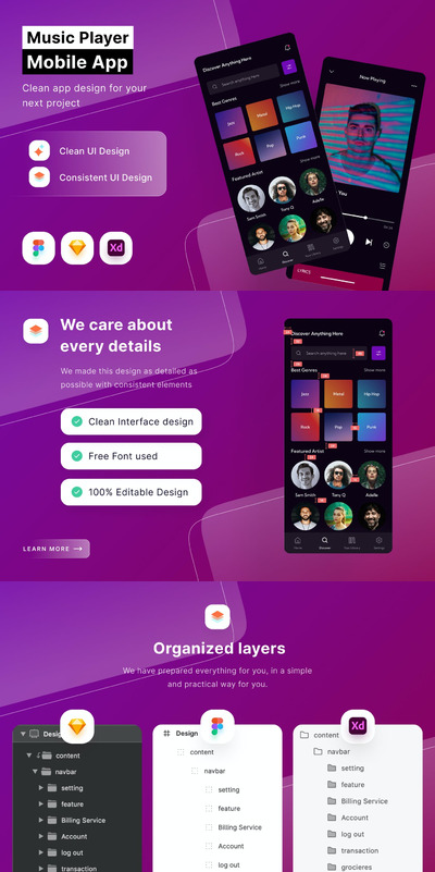 音乐播放器移动应用程序APP UI KIT (FIG,SKETCH,XD)