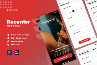 语音记录器移动应用程序APP UI KIT (FIG,XD)