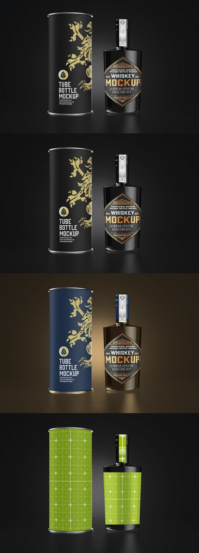 威士忌酒瓶与纸盒包装模型 (PSD)