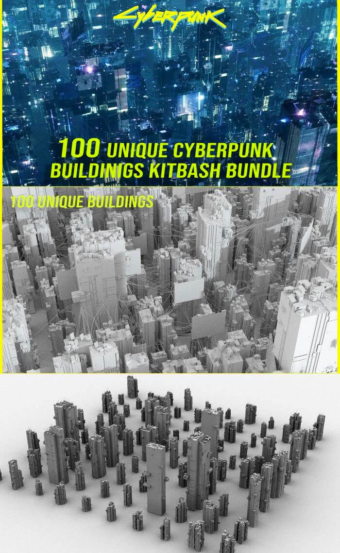 独特的赛博朋克 Sci fi 科幻城市3D模型下载 (FBX,OBJ,MA)