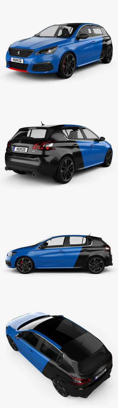 标志Peugeot 308 GTi hatchback 2020款蓝黑双色汽车3D模型（OBJ,FBX,MAX）
