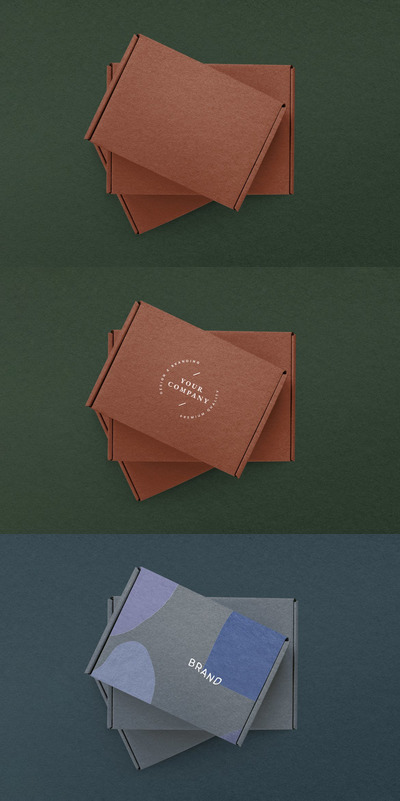 绿色背景的牛皮纸盒包装模型样机 (PSD)