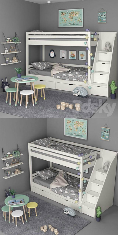 儿童房双层床及壁架桌椅家具组合3D模型（FBX,MAX）