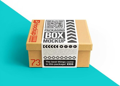 带贴纸的纸板箱包装标签设计样机[PSD]