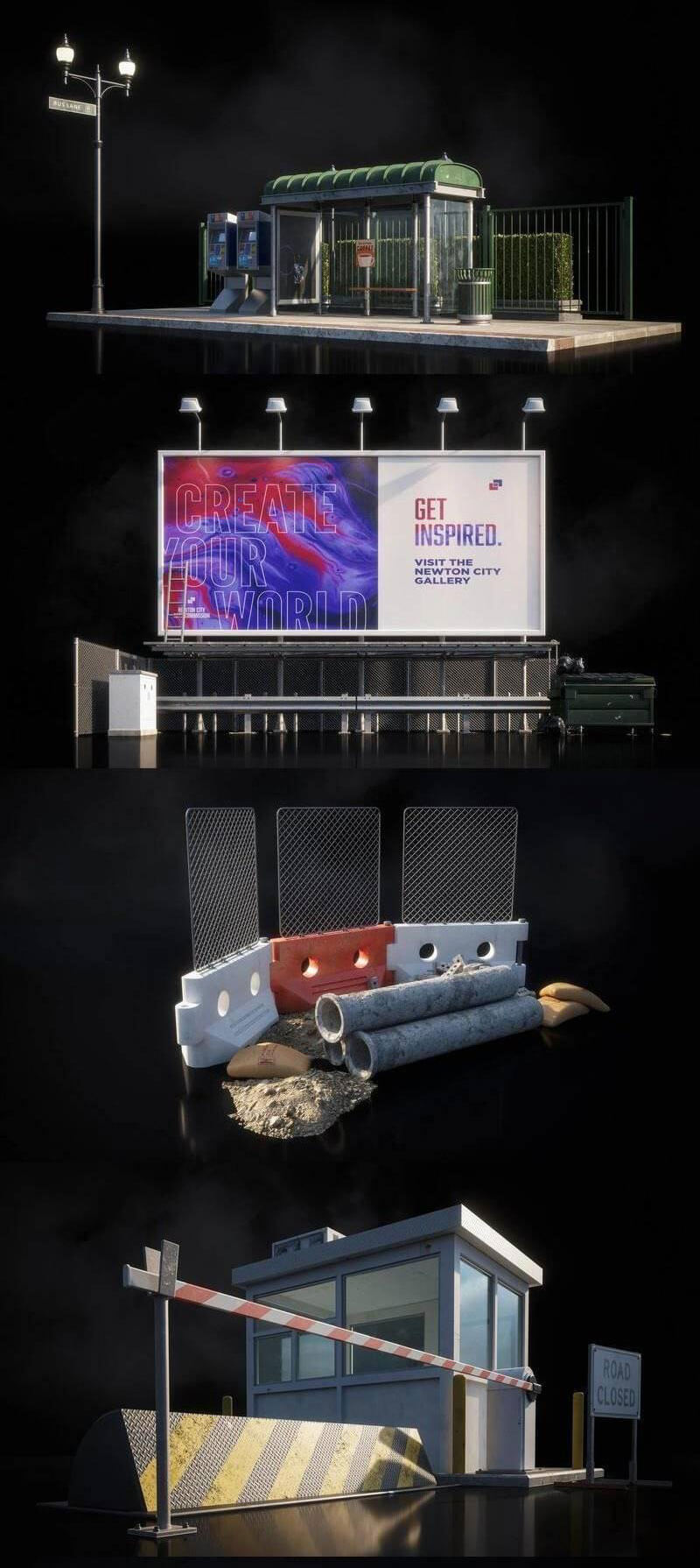 3D街道场景元素包下载（C4D,FBX,OBJ）