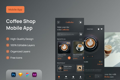 咖啡厅移动应用程序-APP UI KIT (PSD,FIG,XD,SKETCH)