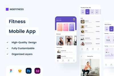 健身手机应用-APP UI KIT (PSD,FIG,SKETCH,XD)
