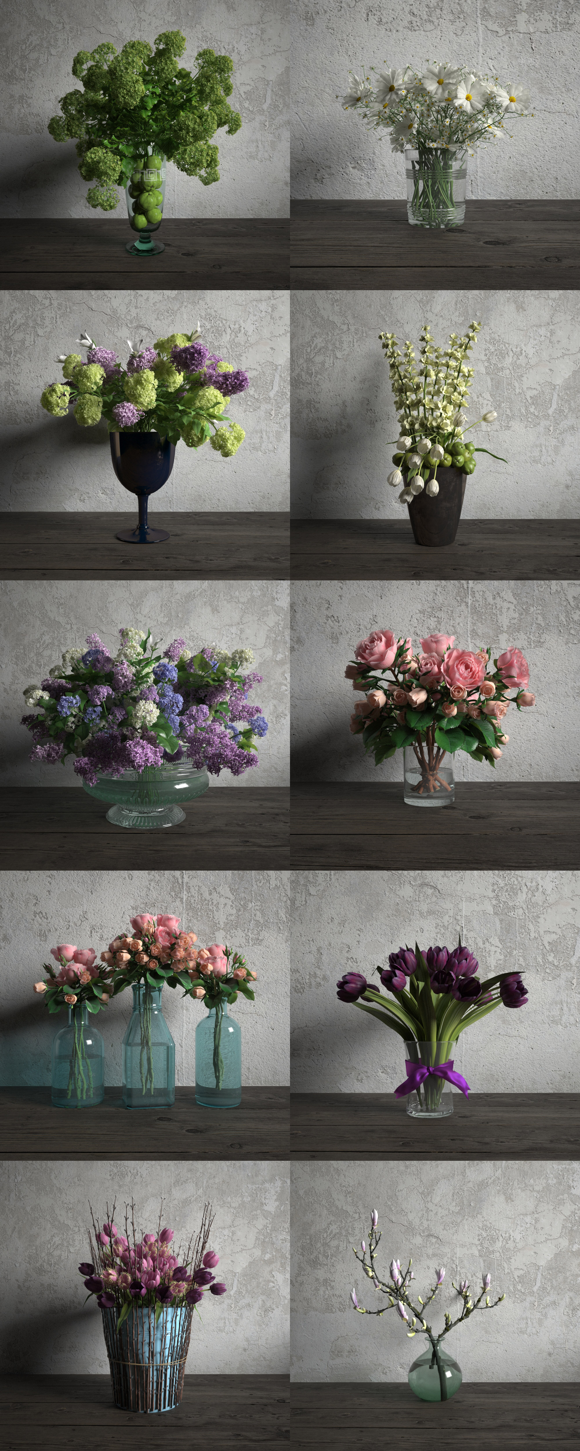 10种花瓶中的花束3D模型合集（MAX）