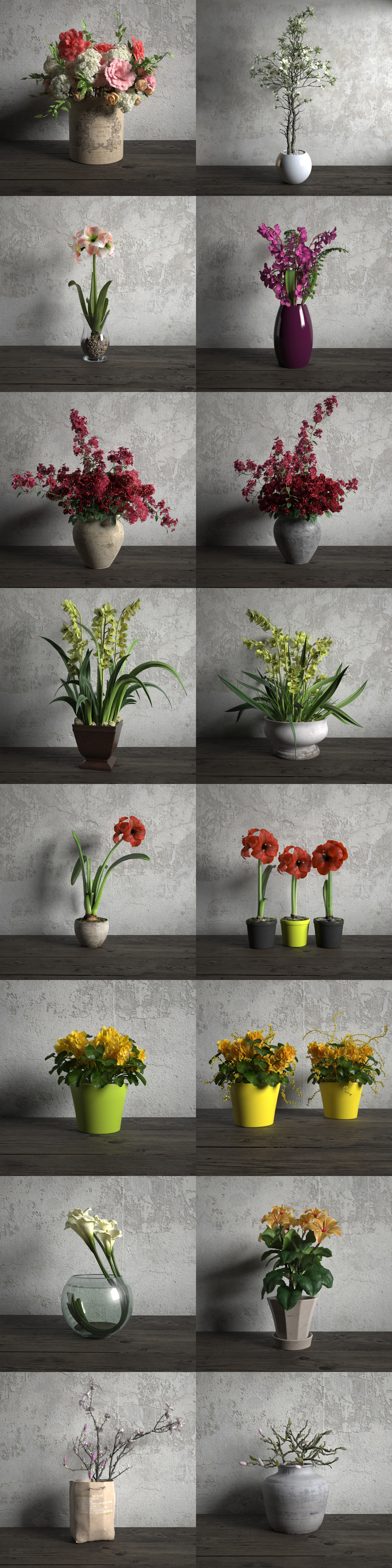 16种开花的盆景和花束3D模型合集（MAX）