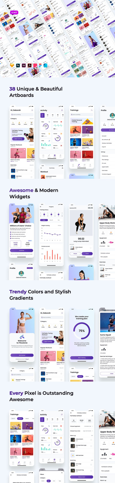适用于IOS的高品质锻炼健身运动APP UI KITS-SKETCH, FIG, XD, PSD