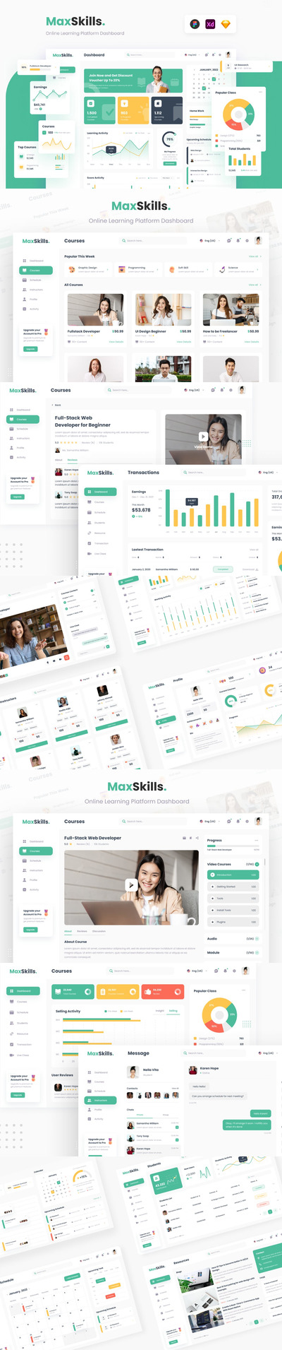 时尚高端专业的在线教育线上学习后台仪表盘Dashboard UI KITS-FIG, SKETCH, XD
