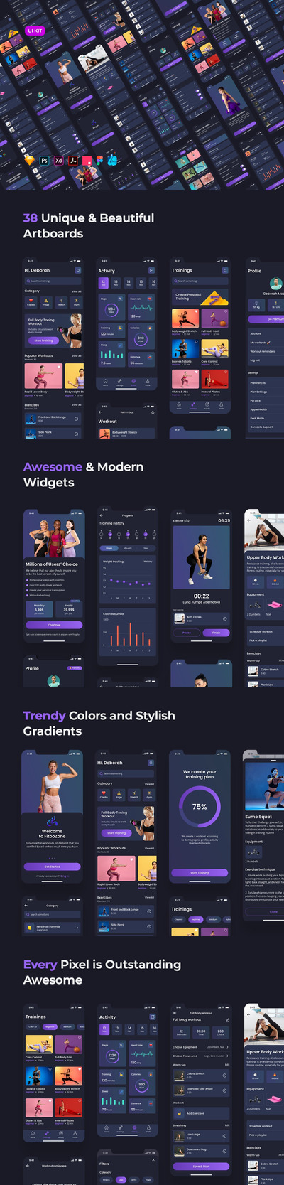 适用于IOS的高品质锻炼健身运动APP UI KITS-SKETCH, FIG, XD, PSD