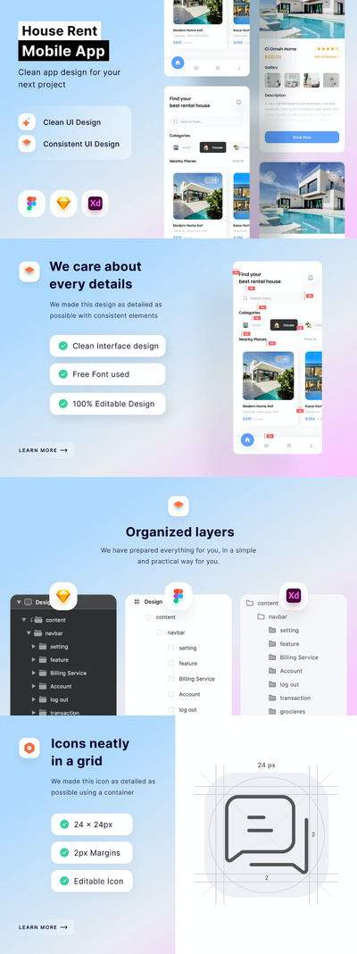 房屋租赁移动应用程序APP UI KIT (FIG,SKETCH,XD)