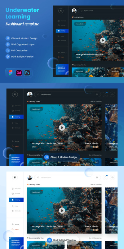 水下学习仪表盘后台网页UI模板 (PSD,XD,FIG)