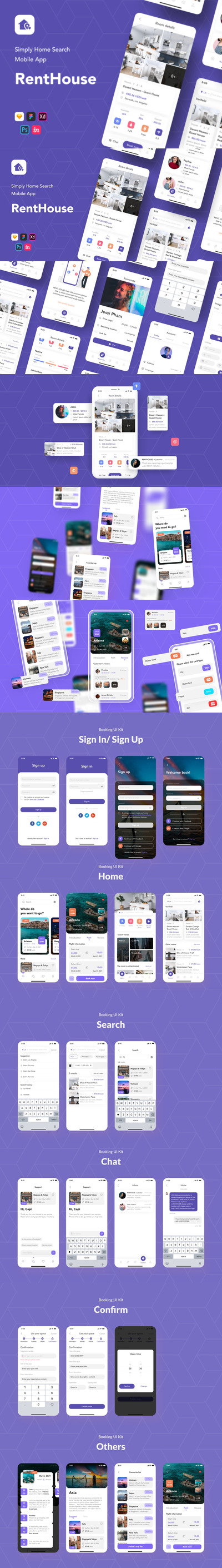 简单租房搜索移动应用程序APP UI KIT (FIG,SKETCH,PSD,XD)