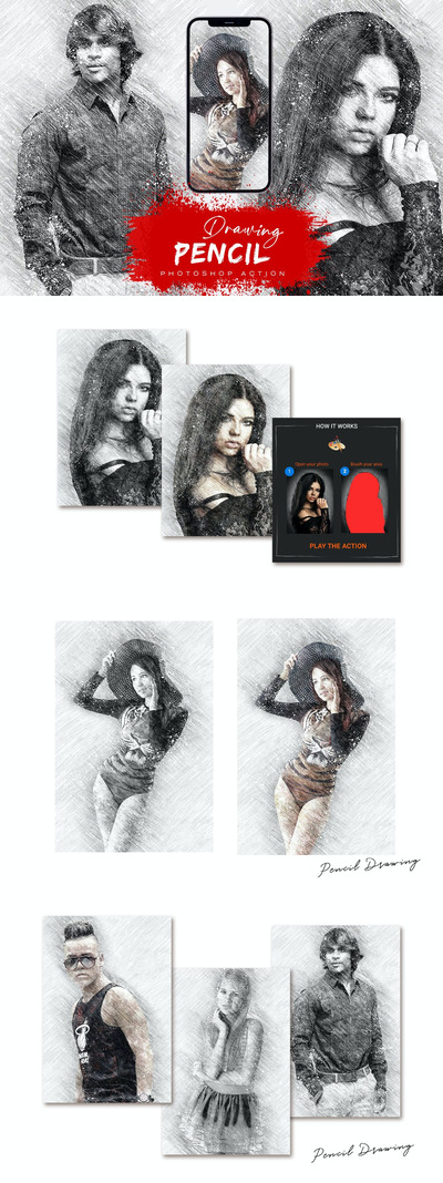 高品质的逼真质感手绘铅笔素描photoshop动作预设