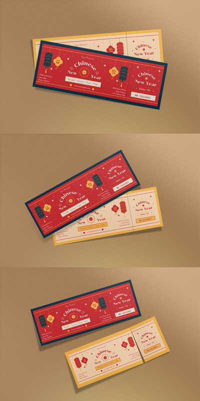 时尚高端好用的高品质中国春节新年门票入场券设计模板-AI,PSD