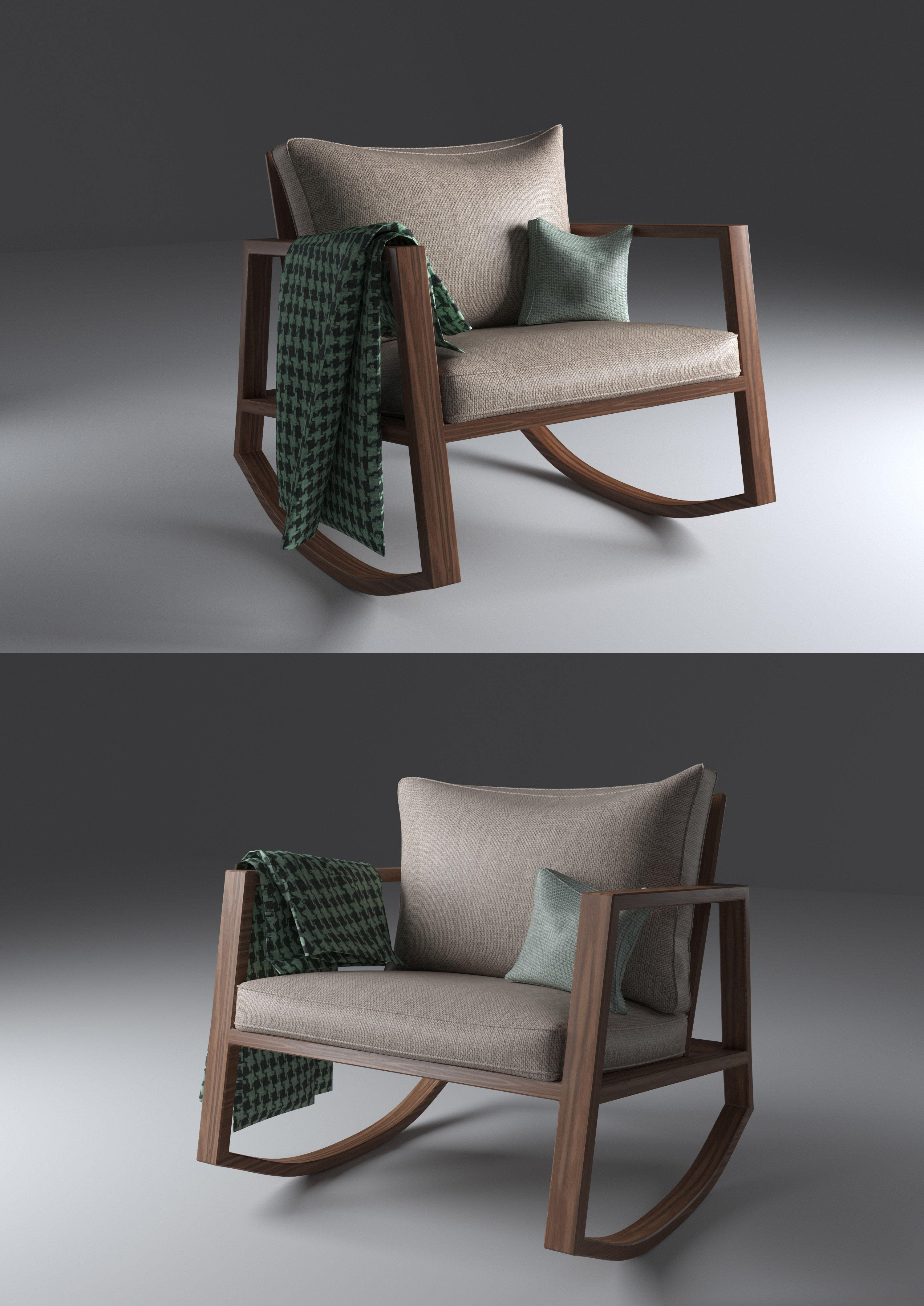 深棕色实木框架灰色布艺软掉摇椅3D模型（OBJ,FBX,MAX）