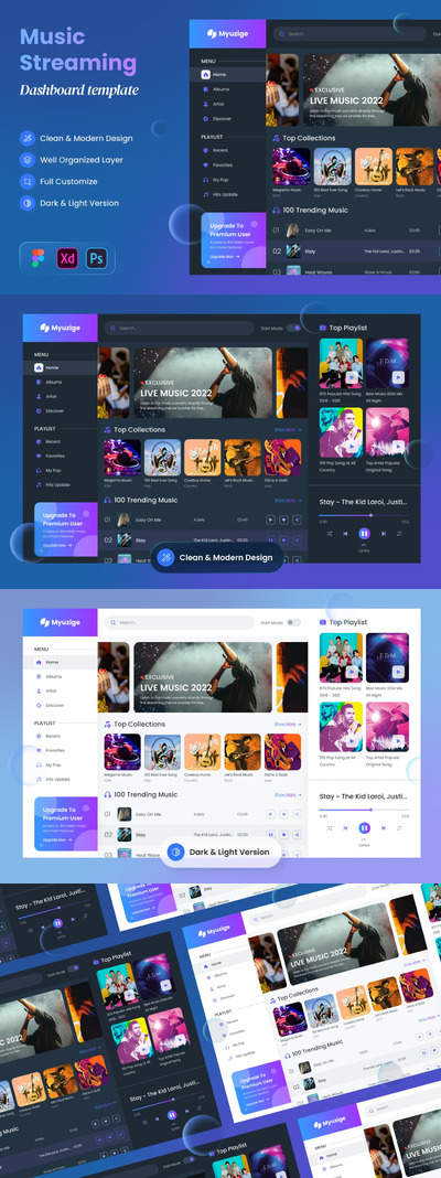 高品质的时尚高端音乐流媒体仪表盘Dashboard UI KITS-PSD, XD, FIG