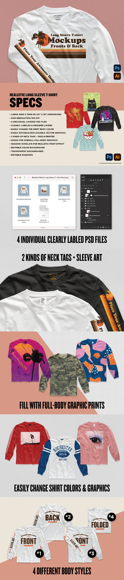 逼真的空白长袖T恤设计服装样机 (psd)